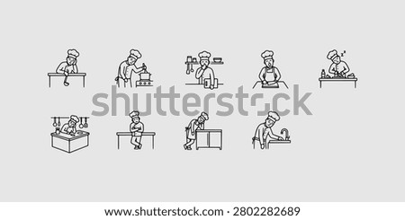 Icon set collection of exhausted chefs and cooks in a kitchen, showing signs of culinary industry fatigue and burnout.