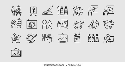 Icon set collection of fine art studio education and painting practice with easels, paint tubes, and creative students.