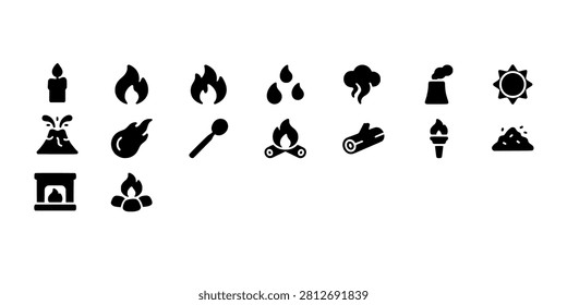 Icon set collection of fire, flames, heat, and combustion elements for energy, danger, adventure, and campfire concepts and graphics.