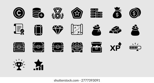 Icon set collection of gaming interface elements including gold coins, treasure chests, gems, trophies, experience points, and achievement medals for UI design.