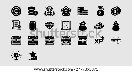 Icon set collection of gaming interface elements including gold coins, treasure chests, gems, trophies, experience points, and achievement medals for UI design.