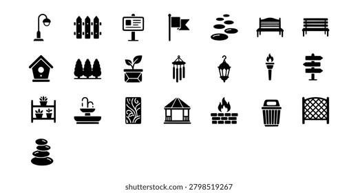 Icon set collection of garden decor, stone paths, landscaping elements, lighting, fencing, and outdoor tranquility features for exterior design.