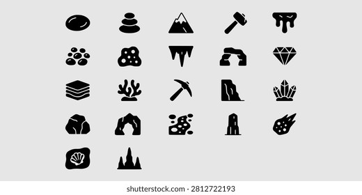 Icon set collection of geological landforms, subterranean caves, minerals, rocks, and earth science elements for geography education and mountain exploration.