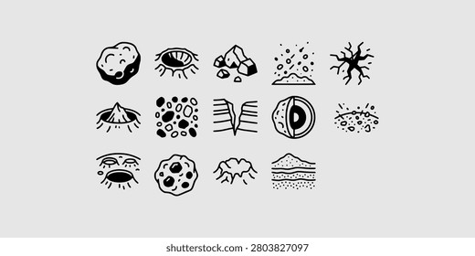 Icon set collection of geology concepts featuring crater formations, rock fragments, stratigraphic layers, and cross-sections of planetary bodies for scientific and educational applications.