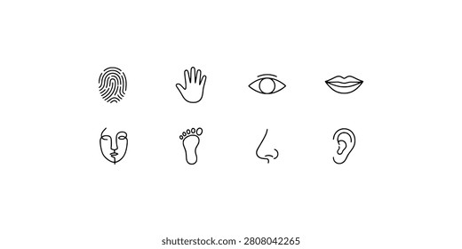 Icon set collection of human anatomy and body features, including a fingerprint, hand, eye, lips, profile, footprint, nose, and ear, in a black outline style.