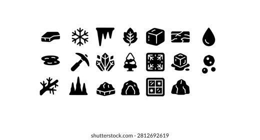Icon set collection of ice, snow, frost, and winter climate elements featuring frozen structures, geological formations, and cold weather.