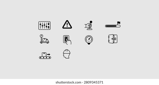 Icon set collection of industrial process control, monitoring symbols, operational switches, manual levers, and facility management status indicators