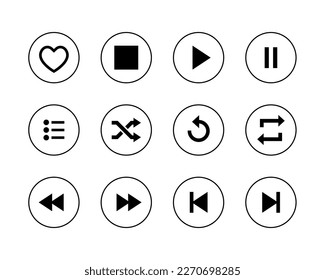 Icon set collection of music app. Play, stop, pause, shuffle, repeat, previous, next, favorite, and list