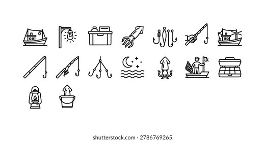 Icon set collection of night squid jigging icons displaying fishing boats, bright luring lights, sharp hooks, and deep sea cephalopod harvesting.