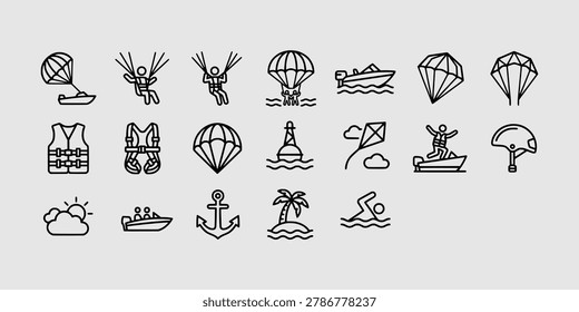 Icon set collection of parasailing and extreme aerial water sports with parachutes, speedboats, safety harnesses, and helmets.