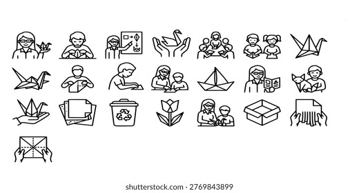 icon set collection of people making origami, folding paper cranes, boats, and flowers for creative educational hobbies and handicraft workshop activities.
