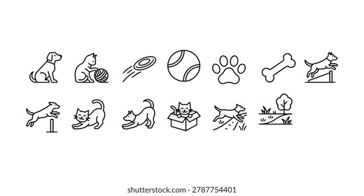 Icon set collection of pet care, active dogs, playful cats, and training accessories in minimalist black and white outline style.