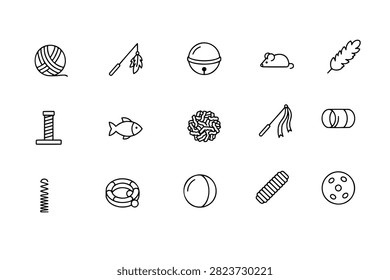 Icon set collection of pet toys, play equipment, and entertainment items for cats in outline vectors.