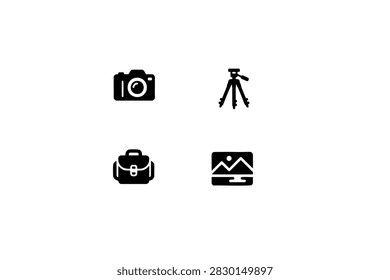 Icon set collection of photography and camera equipment, featuring professional camera, tripod stand, gear bag, and mountain landscape image symbols, minimalist flat vector style.