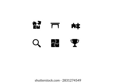 Icon set collection of puzzle solving elements featuring connected pieces table assembly magnifier completed puzzle grid trophy award for problem solving.