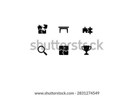 Icon set collection of puzzle solving elements featuring connected pieces table assembly magnifier completed puzzle grid trophy award for problem solving.