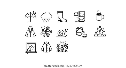 Icon set collection of rainy day essentials, autumn weather comfort, gardening water drops, cozy indoor relaxation, and storm elements.