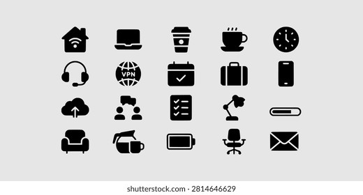 Icon set collection of remote work essentials, productivity tools, digital devices, online connection, and business workflow elements in a vector collection