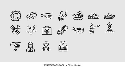 Icon set collection of sea rescue services and coast guard emergency operations featuring helicopters, lifesavers, ropes, and satellite communication.
