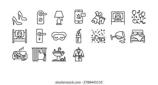 Icon set collection of sleep and hotel leisure icons, including beds, pajamas, sleep masks, alarm clocks, drinks, and party remnants.