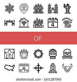 of icon set. Collection of Star of david, Dinning table, Skull, Domotics, Sanctuary truth, Cathedral saint basil, Ice siam, th july, Statue liberty, Eye ra icons