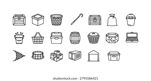 Icon set collection of storage containers, wooden crates, barrels, baskets, and equipment for organizing and protecting seafood products.