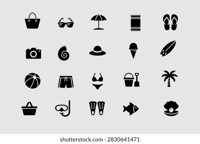 Icon set collection of summer beach vacation accessories including bag sunglasses umbrella towel flipflops camera seashell hat icecream surfboard ball shorts.