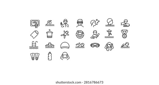 Icon set collection of swimming lessons and training vector line icons for kids and water sports.
