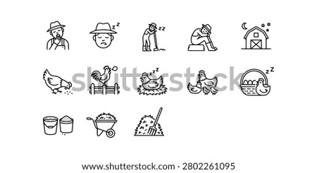 Icon set collection of a tired farmer and rural scenes, featuring sleeping people, chickens, a barn at night, and tools like a rake, in minimal lines.
