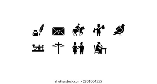 Icon set collection of traditional communication methods, including written correspondence, postal services, telegraphy, and historical interpersonal exchange of information.