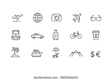 Icon set collection of vacation and holiday symbols, international travel methods, tourism elements, and leisure activities.