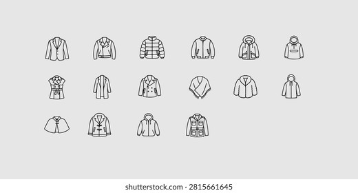 Icon set collection of various formal and casual jackets and coats including blazer, trench, leather, and parka styles.