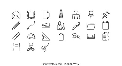 Icon set collection of various office supplies, including pens, pencils, paper clips, staplers, and rulers, rendered in simple black outline style on a white background.