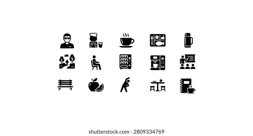 Icon set collection of various office break room amenities, lunch break activities, healthy snacks, and professional workspace relaxation icons