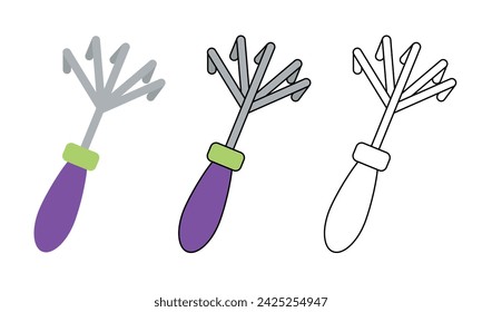 Icon set: color gardening rake and rake with thin outline.Rake for garden work isolated on white background vector illustration. 