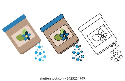 Conjunto de iconos: fertilizantes granulares de color y fertilizantes con contorno fino. Paquete de fertilizante aislado sobre fondo blanco ilustración vectorial. Los diseños de los iconos del vector se pueden utilizar para el móvil, la interfaz de usuario, la web.