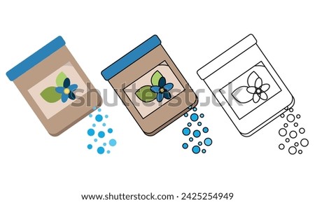 Icon set: color granular fertilizers and fertilizers with thin outline. Fertilizer package isolated on white background vector illustration. Vector icons designs can be used for mobile, ui, web.