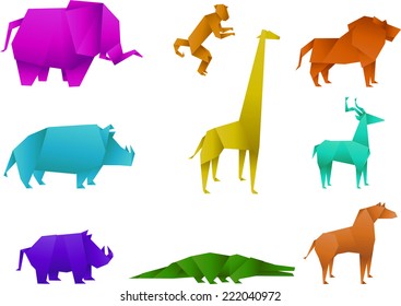 Conjunto de iconos de los animales de origami de color, ilustración de vector animal. 