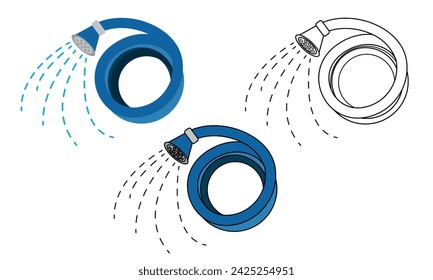 Icon set: color watering hose and hose with thin outline. Hose isolated on white background vector illustration. Vector icons designs can be used for mobile, ui, web.