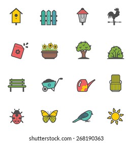 Icon set of colored garden tools and accessories. Vector illustration