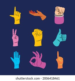 icon set colored left hands cartoon