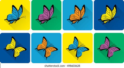 Icon set of colorful butterflies in flat style with long shadow. Vector illustration.