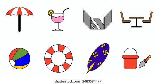 Icon Set mit einem bunten minimalistischen Strandthema: Frischgetränke, Relaxtische, Rettungsgürtel, kleine Eimer und Schaufeln, Volleyball, Rutschen und Sonnenschirme