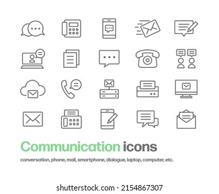 Icon Set For Communication. Icons For Balloons, Phone Calls, Emails, Chats, Video Calls, PCs, Etc. A Simple Illustration Drawn With Lines. Includes Icons For Conversations And Online Messages.