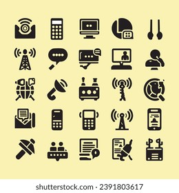 Icon set for communication. Including speak, message, phone, email, contact, chat, internet, radio, satellite, antenna, and more. collection of solid icons, vector
