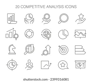 Icon set for competitive analysis. Essential visual tools for market research, data interpretation, strategic planning. Flat vector illustration.