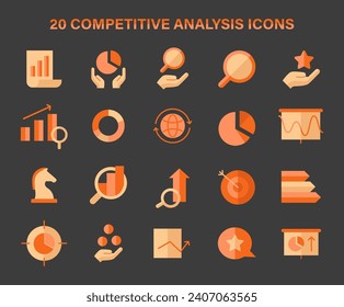 Icon set for competitive analysis. Essential visual tools for market research, data interpretation, strategic planning. Flat vector illustration.