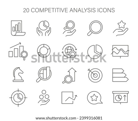 Icon set for competitive analysis. Essential visual tools for market research, data interpretation, strategic planning. Flat vector illustration.