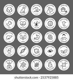 Icon set components of a dog's health. The main advantages from a balanced food or supplement. Each icon is designed with lines and a modern aesthetic, making them perfect for pet health products. EPS