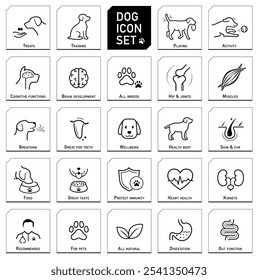 Icon set components of a dog's health. The main advantages from a balanced food or supplement. Each icon is designed with lines and a modern aesthetic, making them perfect for pet health products. EPS